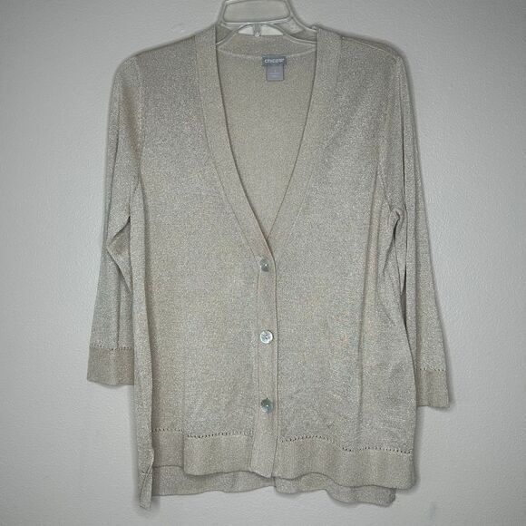 Chicos Shine Pearl Button-Front Cardigan Sweater Size M Tan Gold 3/4 Sleeves‎ - Picture 1 of 7